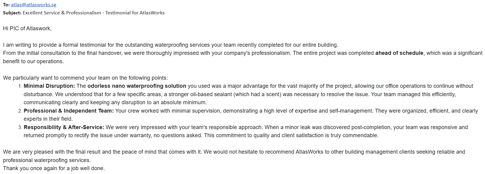 Email testimonial for AtlasWorks waterproofing services, praising professionalism and minimal disruption.