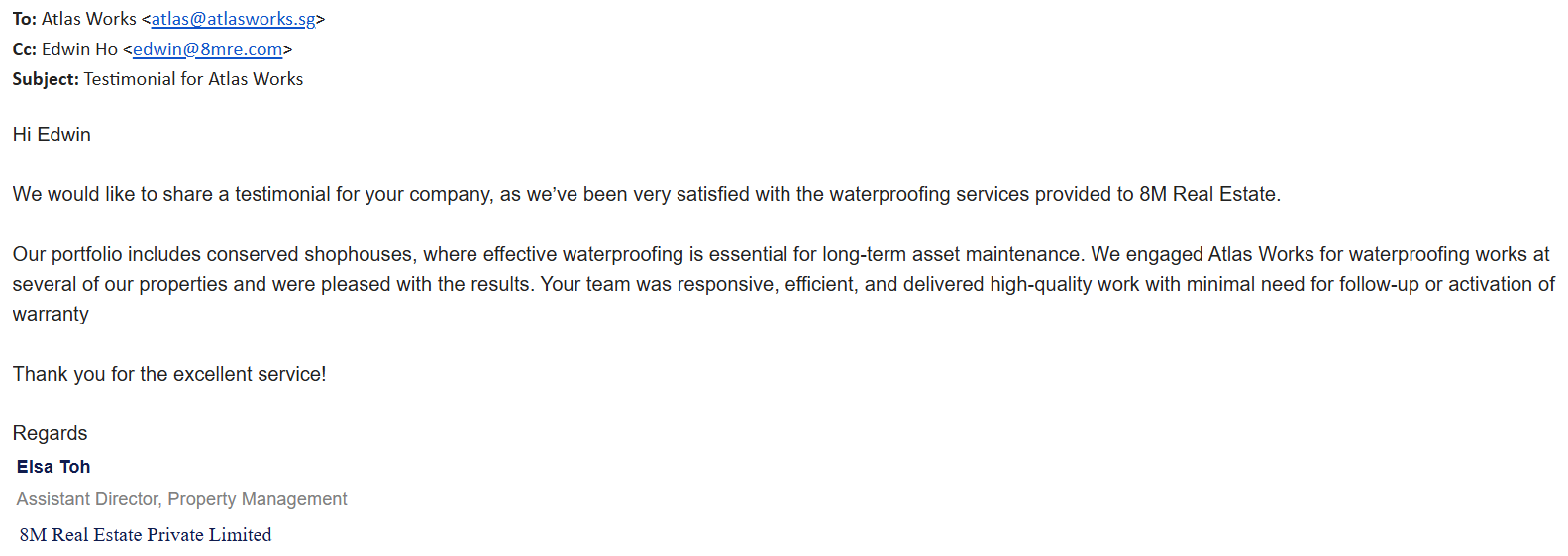 Email testimonial from SM Real Estate Private Limited praising Atlas Works waterproofing services.