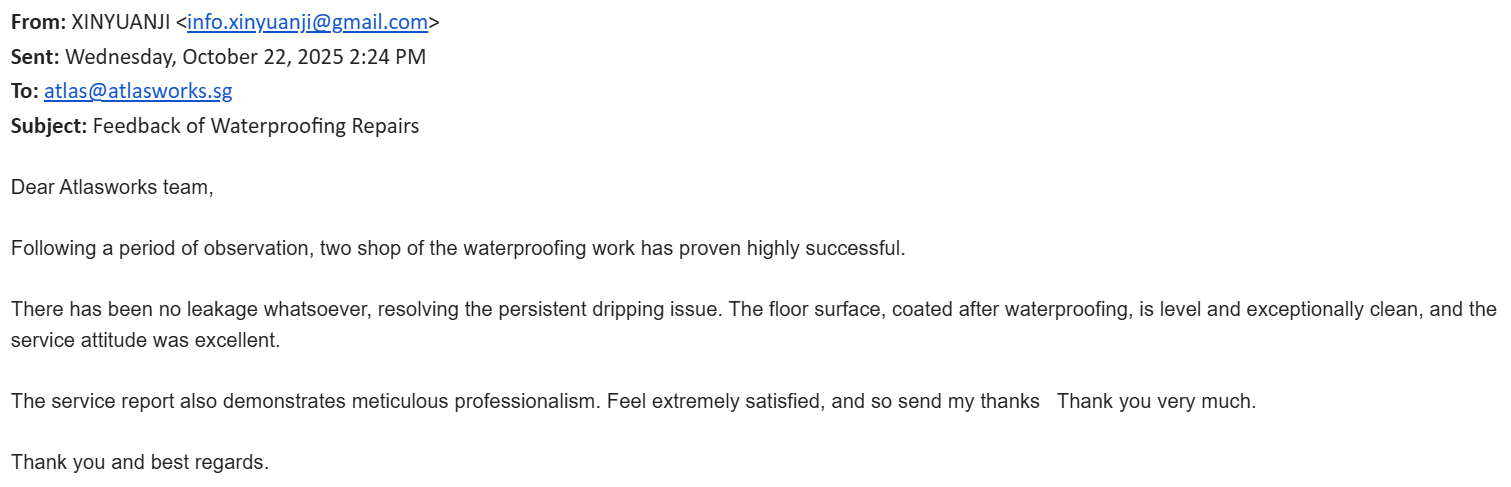 Email confirming successful waterproofing repairs, praising service.