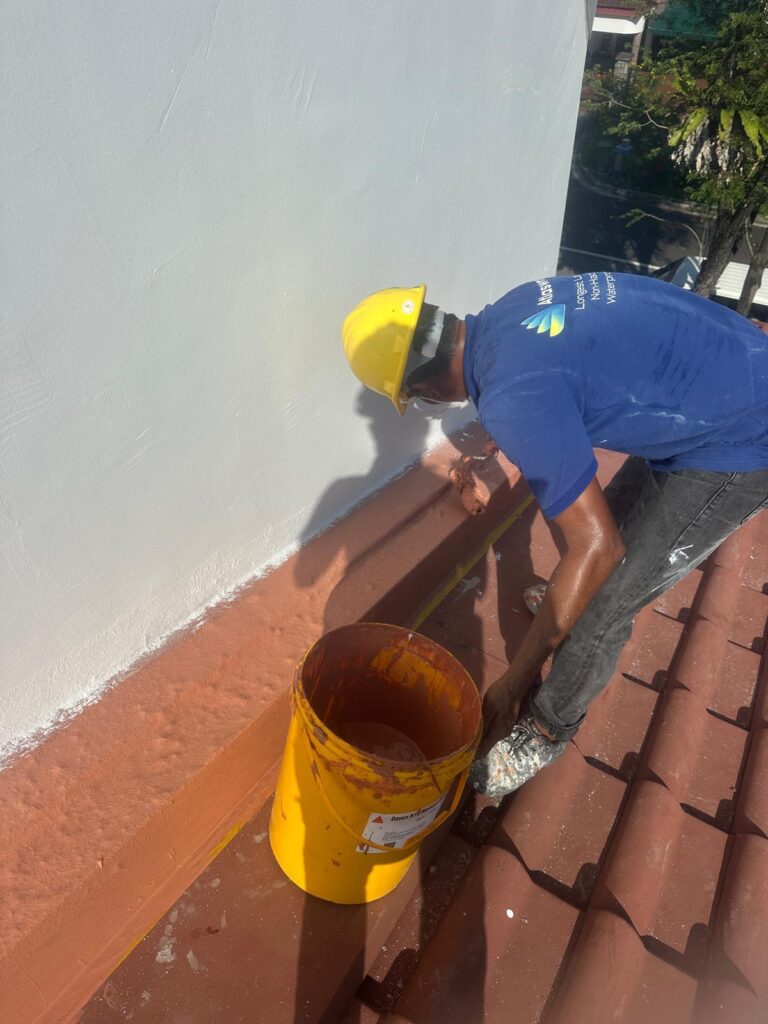 Worker applying waterproofing to a roof edge for a home, best waterproofing company